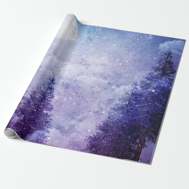 Papel De Regalo Bosque púrpura de invierno de luna llena (Desenrollado)
