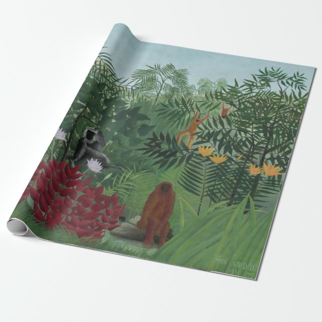 Papel De Regalo Bosque tropical con simios y serpientes (Rousseau) (Desenrollado)