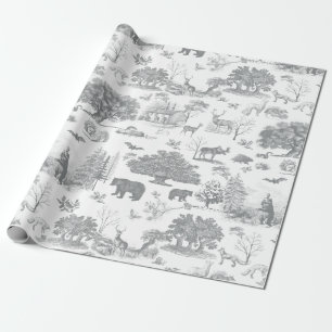 Papel De Regalo Bosque Woodland Bear Moose Gray White Toile