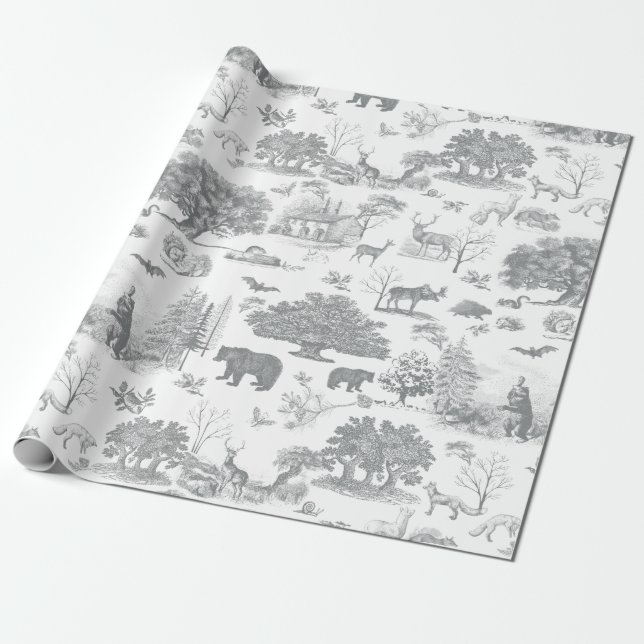 Papel De Regalo Bosque Woodland Bear Moose Gray White Toile (Desenrollado)