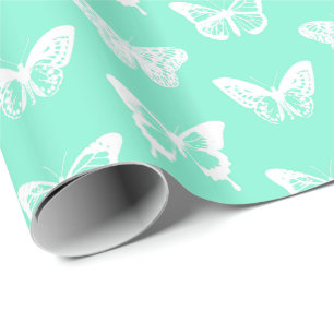 Papel De Regalo Bosquejo, aguamarina y blanco de la mariposa