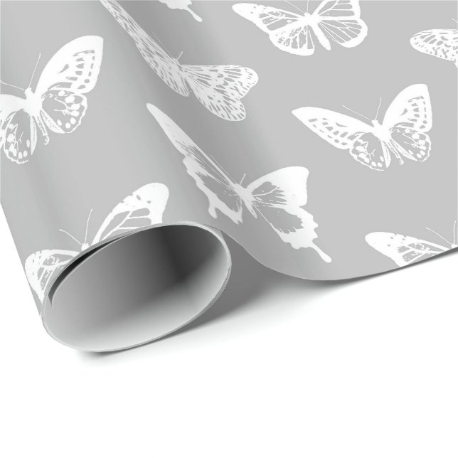 Papel De Regalo Bosquejo de la mariposa, gris de plata y blanco (Esquina del rollo)