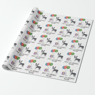 Papel De Regalo Boston Terrier Blanco y Azul Perro Lindo - Cumplea