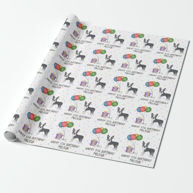Papel De Regalo Boston Terrier Blanco y Azul Perro Lindo - Cumplea (Desenrollado)