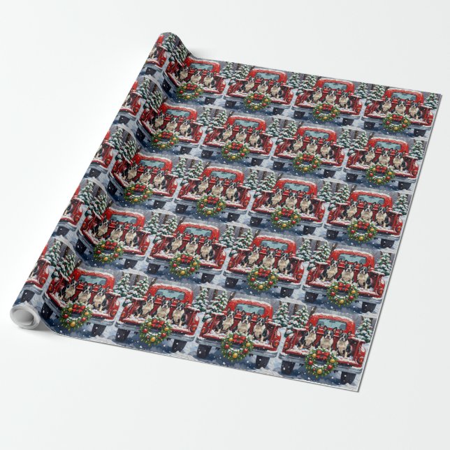 Papel De Regalo Boston Terrier Christmas Red Truck Holiday (Desenrollado)