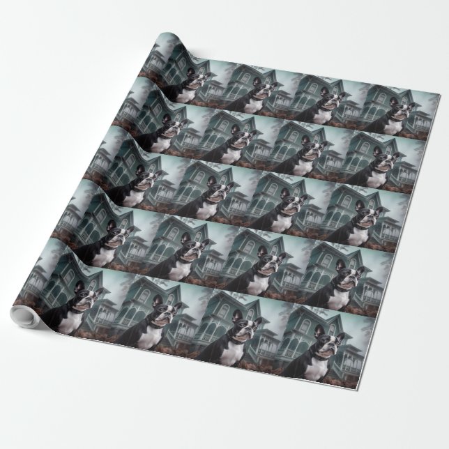 Papel De Regalo Boston Terrier Halloween Aterrador (Desenrollado)