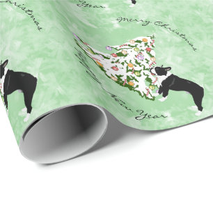 Papel De Regalo Boston Terrier y árbol de navidad