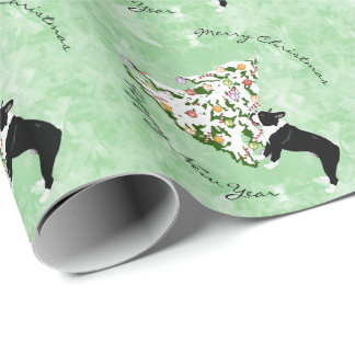 Papel De Regalo Boston Terrier y árbol de navidad