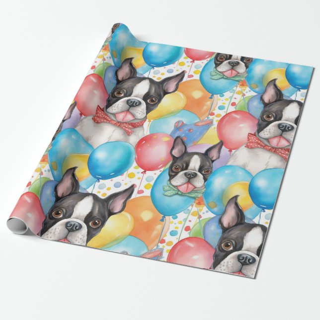 Papel De Regalo Boston Terrier Y Globos (Desenrollado)