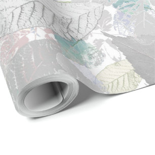 Papel De Regalo Botánica, gris, hojas, blanco y gris, turquesa