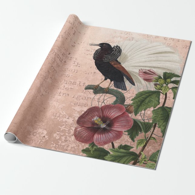 Papel De Regalo Botánica y pájaro de color rosa (Desenrollado)