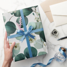 Papel De Regalo Botanical Green Eucalyptus White Floral Pattern