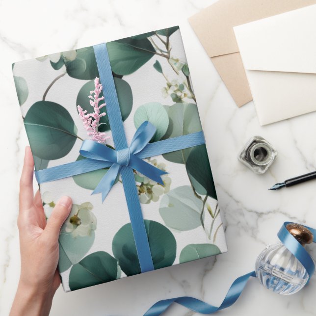 Papel De Regalo Botanical Green Eucalyptus White Floral Pattern (Regalar)