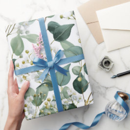 Papel De Regalo Botanical Green Eucalyptus White Floral Pattern