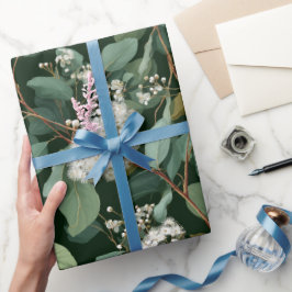 Papel De Regalo Botanical Green Eucalyptus White Floral Pattern