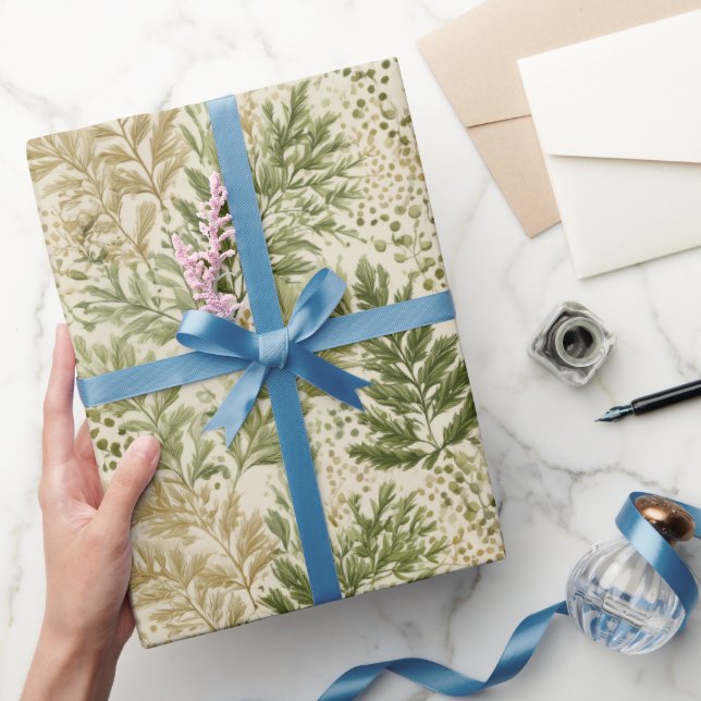 Papel De Regalo Botanical Green Fern Beige Floral Pattern (Regalar)