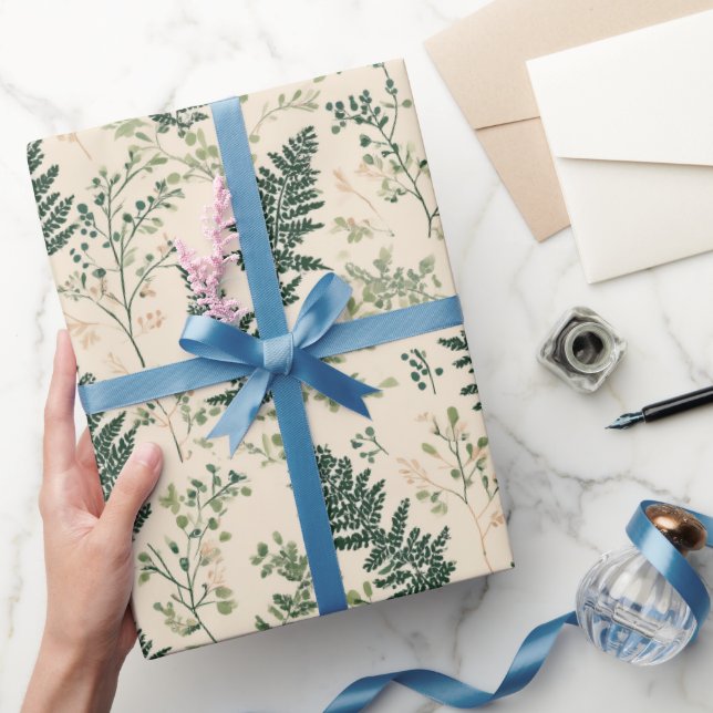 Papel De Regalo Botanical Green Fern Beige Floral Pattern (Regalar)