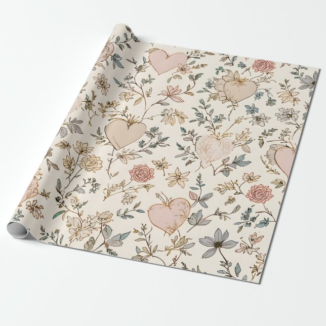 Papel De Regalo Botanical Hearts Romantic Floral Valentine Pattern (Desenrollado)