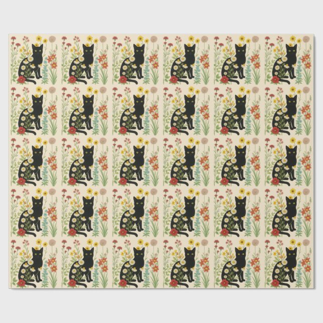 Papel De Regalo Botanical Nature – Black Cat in Wildflower Garden (Superficie plana)