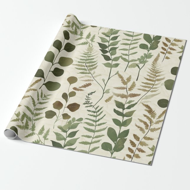 Papel De Regalo Botanical Pressed Leaves Pattern – Fern Print (Desenrollado)