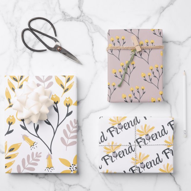 Papel de Regalo Botánico Amarillo Hojas de Amigo (Anverso)