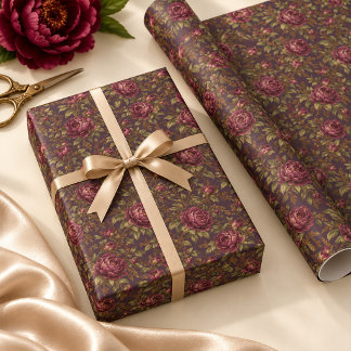 Papel de regalo botánico Burdeos Peonía Ciruela Os