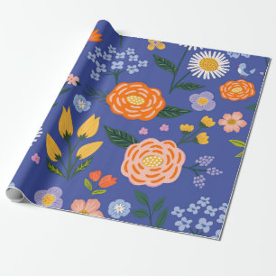 Papel De Regalo Botánico caprichoso de prado y aves de arte popula