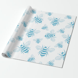 Papel De Regalo Botánico de abeja vintage azul (1)