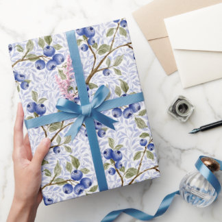 Papel De Regalo Botánico de Arándano Acolorado al Agua en Azul Ver