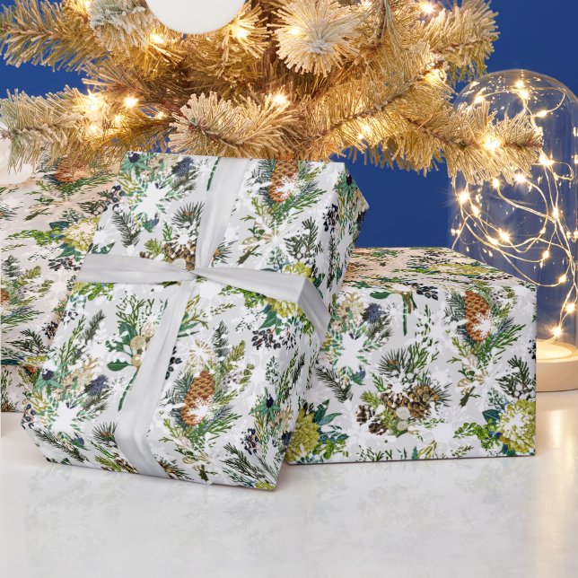 papel de regalo botánico de invierno con nieve (Vacaciones)