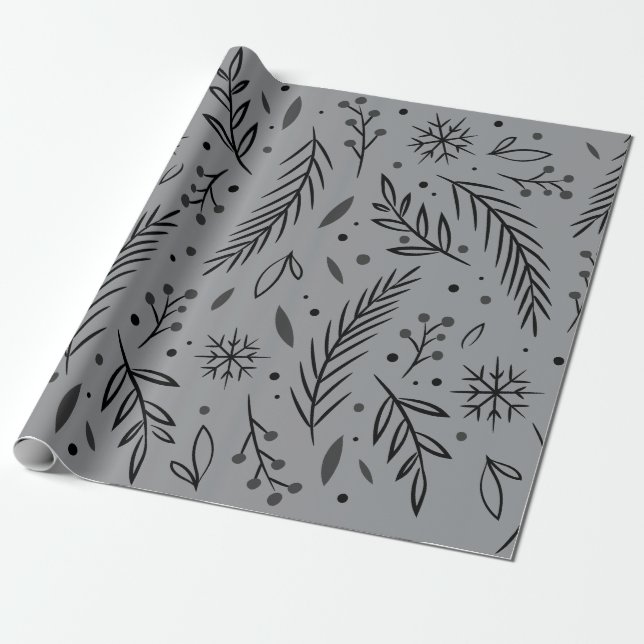 Papel de Regalo Botánico de Invierno – Gris y Negr (Desenrollado)