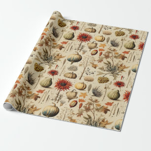Papel De Regalo Botánico de otoño rústico con calabazas y granos