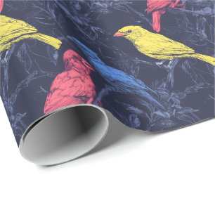 Papel de regalo botánico de pájaros cantores neón