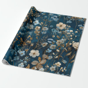 Papel De Regalo Botánico Elegante Floral Vintage Azul Marítimo Rús