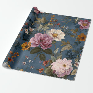 Papel De Regalo Botánico Elegante Floral Vintage Azul Marítimo Rús