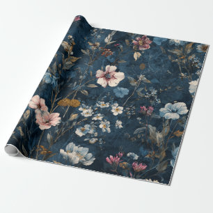Papel De Regalo Botánico Elegante Floral Vintage Azul Marítimo Rús