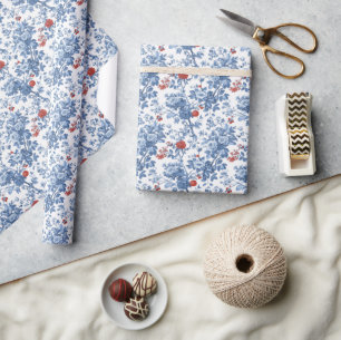 Papel De Regalo Botánico Floral Azul Elegante