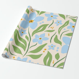 Papel De Regalo Botánico floral azul y frondoso dibujado a mano