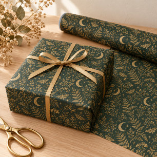 Papel de Regalo Botánico Luna Dorada Verde Bosque