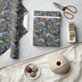 Papel De Regalo Botánico Oscuro | Piña Acebo Bayas Doradas
