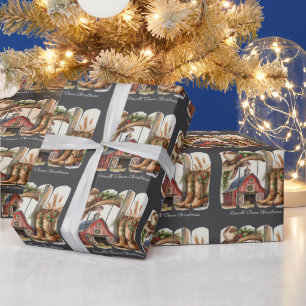 Papel De Regalo Botas vaqueras de Navidad de pueblo pequeño retro