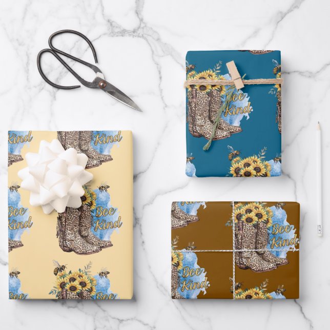 Papel de regalo Botas vaqueras occidentales Abejas (Anverso)
