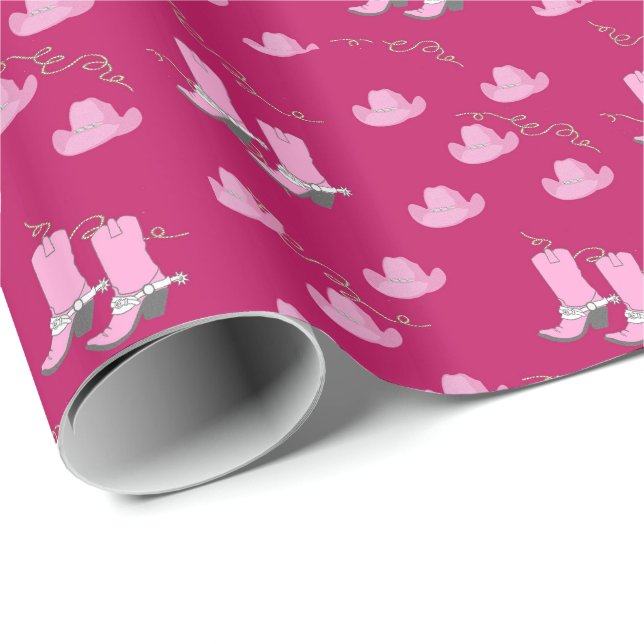 Papel De Regalo Botas y gorras rosados de la vaquera (Esquina del rollo)