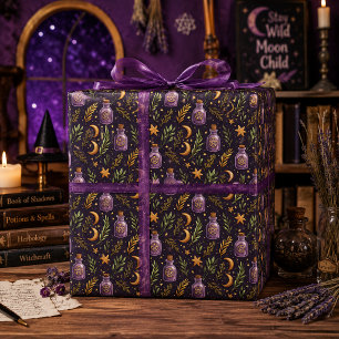 Papel De Regalo Botella de Poción Bruja Luna Creciente Morado Oscu