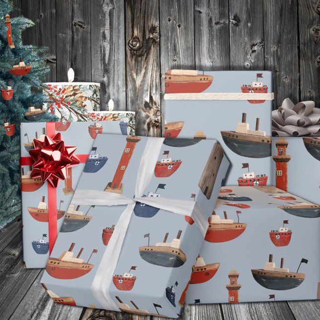 Papel De Regalo Botes y faros de madera pintados 2 (Painted Wooden Boats & Lighthouses 2 Wrapping Paper in 6 & 15 foot long 30 inch wide rolls)