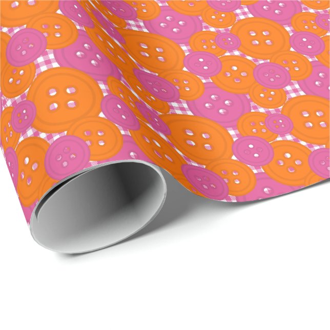 Papel De Regalo Botones de Gingham Naranja Rosa - Sala de manualid (Esquina del rollo)