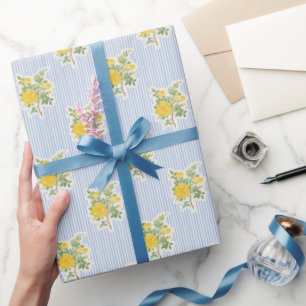 Papel De Regalo Botones Florales Vintage Patrón de Rayas Azules