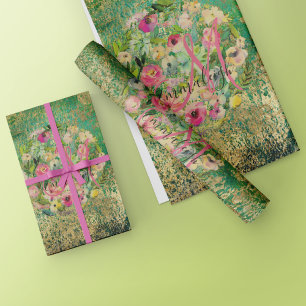 Papel De Regalo Bouquet redondo floral Monograma Oro verde