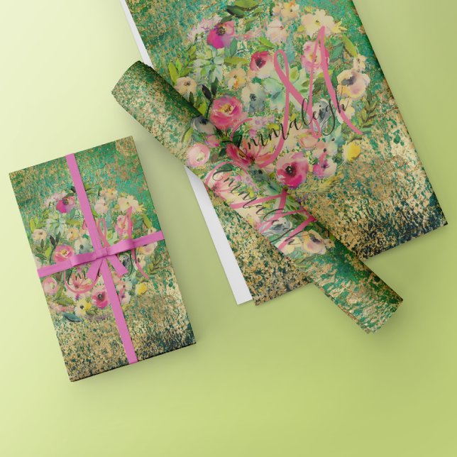 Papel De Regalo Bouquet redondo floral Monograma Oro verde (Subido por el creador)