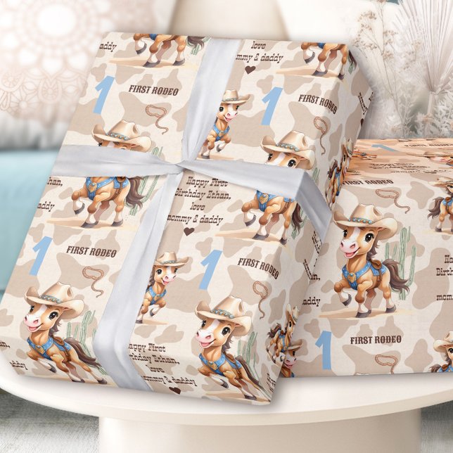 Papel De Regalo Bovinos Rodeo Beige Caballo Nombre Occidental Prim (Rodeo Beige Cowboy Horse Western Name 1st Birthday Wrapping Paper)